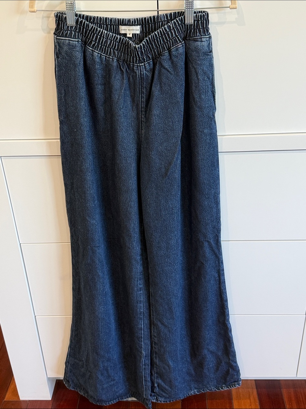 Good American Wide Leg Elastic Waist Dark Blue Jeans